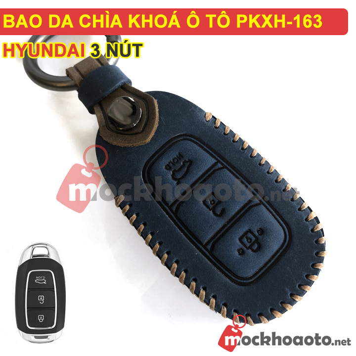 Bao da chìa khóa ô tô Hyundai 3 nút bằng da thật cao cấp sang trọng PKXH-163 (Xanh)