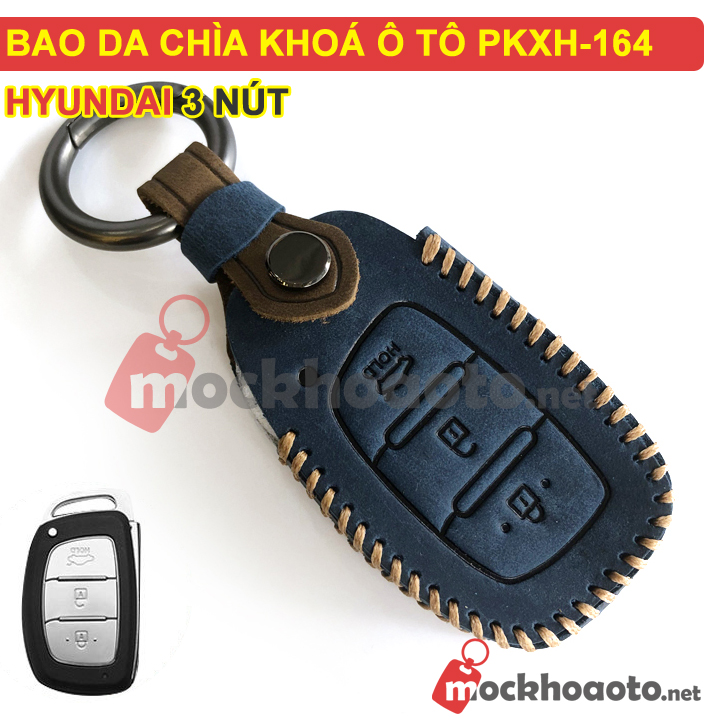 Bao da chìa khóa ô tô Hyundai 3 nút bằng da thật cao cấp sang trọng PKXH-164 (Xanh)